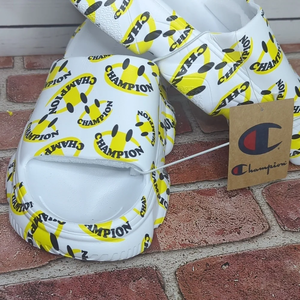 Champion Men's Meloso Squish Smile‎ White and Yellow Slide Slip On Sandals